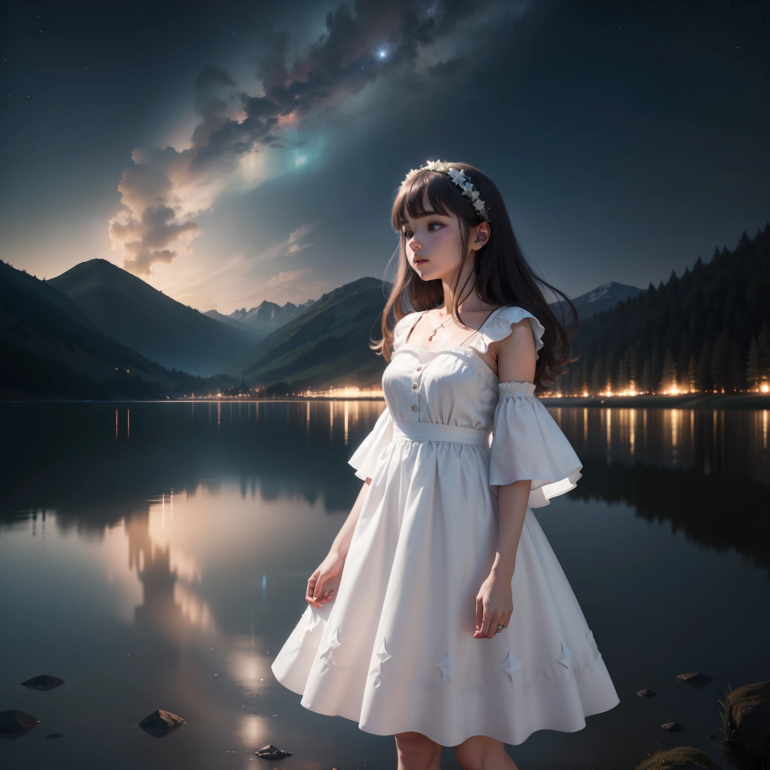 A girl standing in mid night near a lake stars are all over the sky she is wearing a white dress, ultra realistic, 8k ,