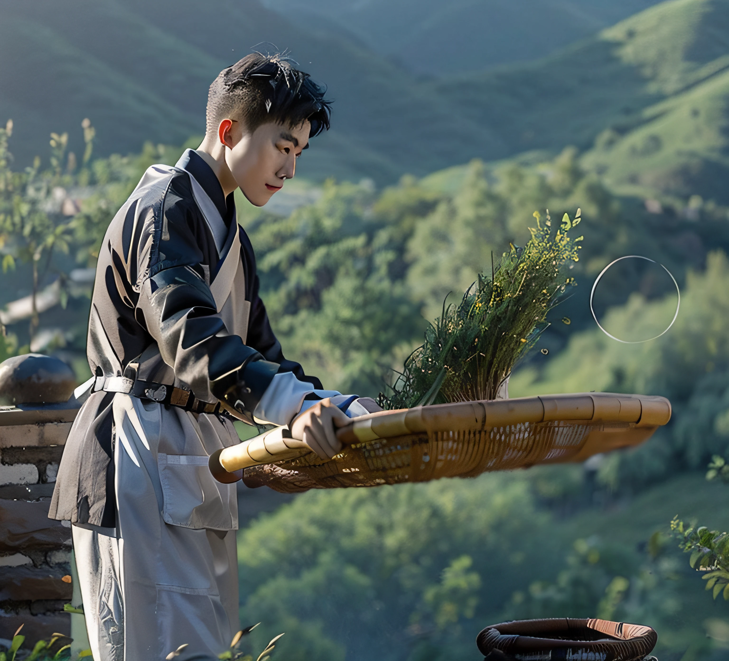 A man in modern Chinese clothing，Young men，full bodyesbian，Hold the bamboo basket with your hands，Turn the tea leaves，full bodyesbian，Lateral face，Bend slightly，zona rural，Behind him is a bamboo basket，It was filled with tea leaves, A beautiful artwork illustration