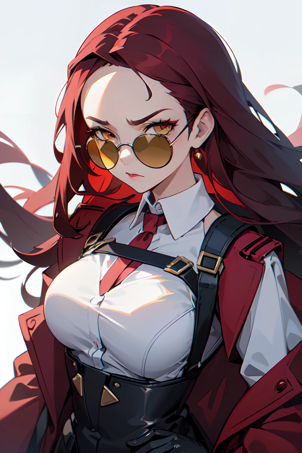 1girl, young woman, solo, long hair, big hair, (forehead:1.2), (round sunglasses on forehead:1.2), yellow eyes, (scarlet red hair), medium breasts, annoyed, frown, red lipstick, (overcoat, black coat, open coat:1.2), white shirt, collared shirt, (chest harness, shoulder strap:1.15), black leather shorts, garter belt, gloves, elegant, looking at viewer, standing, chromatic aberration, (close-up to face:1.3), face only masterpiece, best quality, 4k