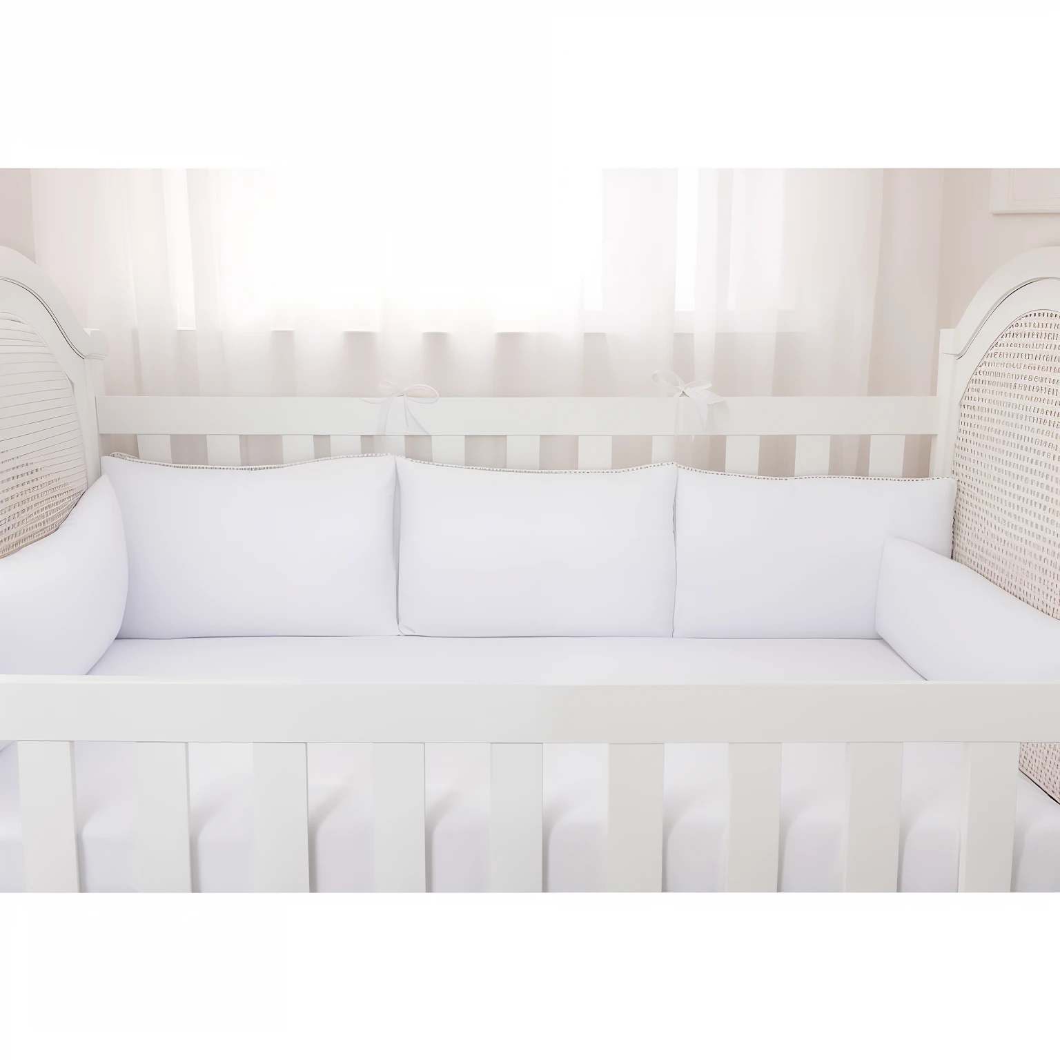 There is a white crib with a white pillow and a white crib, full-length view, cama branca, alternate angle, full-length view, Foto completa do produto, Multiple views, travesseiros brancos, top angle view, Sonho suave, limbo branco, bottom angle, 3 - piece, Foto de detalhe, white panels, borda branca, branco bg, detalhes sutis, mid view
