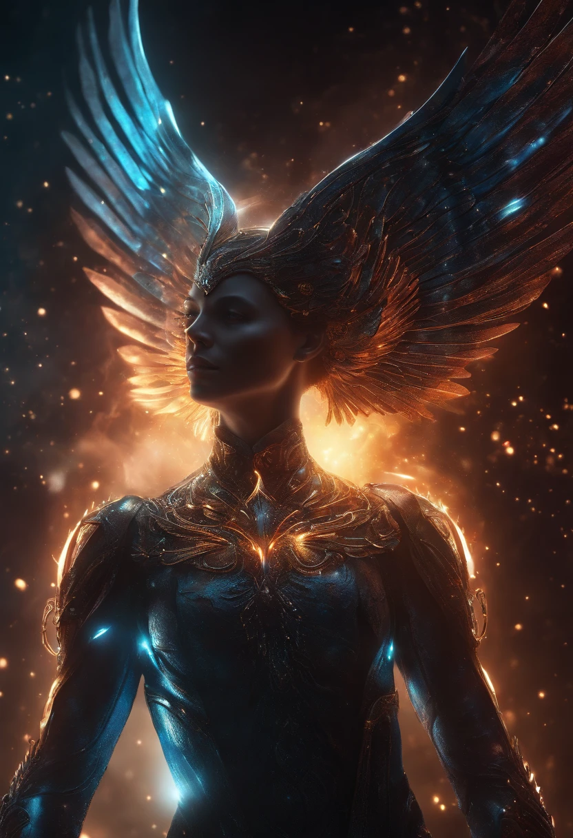 Cosmic Fallen Angel, glowing light eyes, Biomechanical, eerie, Creepy, nightmarish, Very bright colors, Light particles, with light glowing, Mshiv, wallpaper art, UHD wallpaper