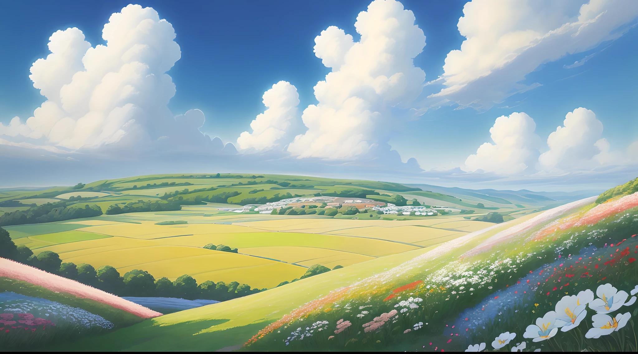 Realistic, authentic, beautiful and amazing landscape oil painting Studio Ghibli Hayao Miyazaki&#39;s petal grassland with blue sky and white clouds, flower field evening time --v6