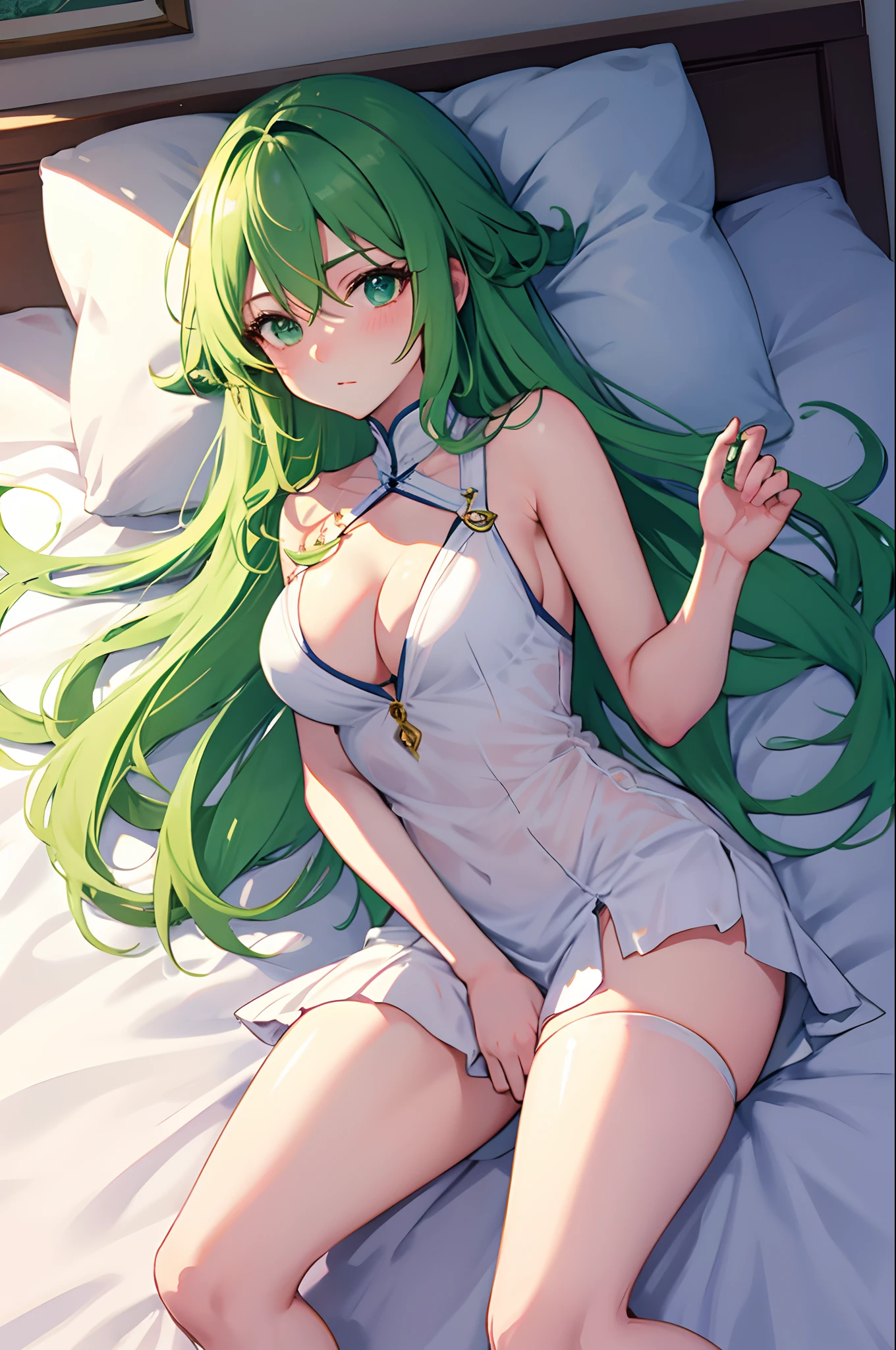 Draw a female, green hair, lying on the bed, bare your legs, showing your , greedy expression, , blushing, white stockings, bare breasts, facing the camera, , love in the eyes.