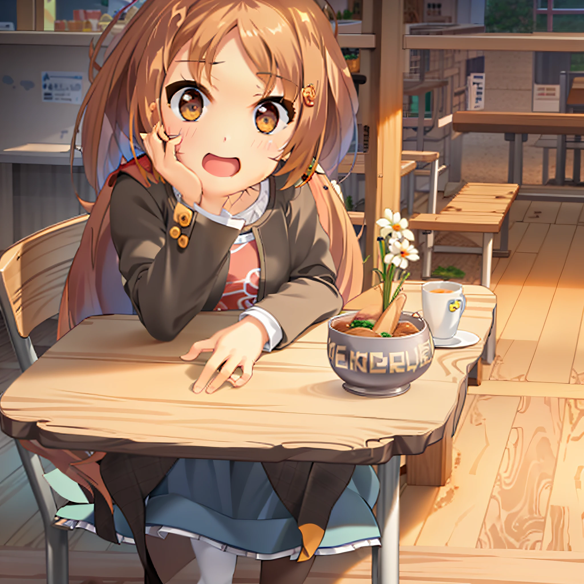 Anime girl sitting at table holding a bowl of food, anime visual of a cute girl, yama no susume, Also, kyoto animation still, anime moe art style, Cute anime girl, anime still frame, lofi-girl, in style of kyoto animation, up of young anime girl, offcial art, cozy cafe background, chihiro! fujisaki, sitting in a café