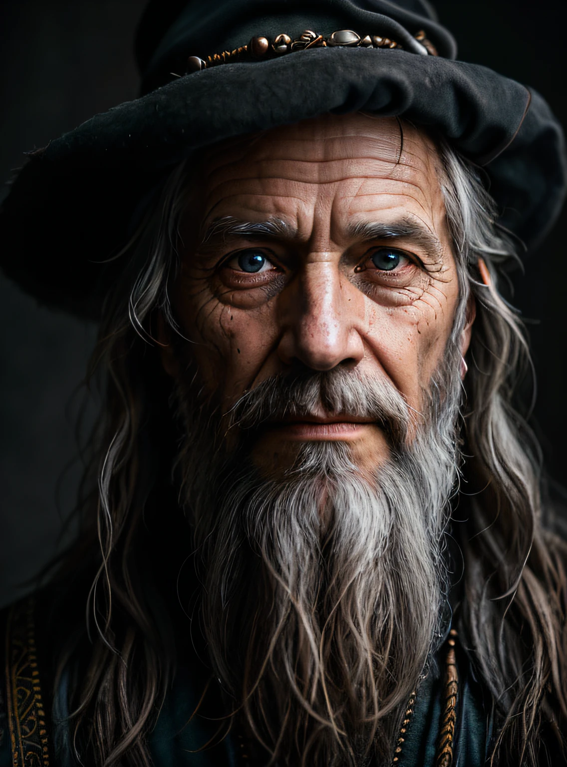 A portrait of a wizard, bearded, wrinkled, weathered, with piercing eyes, detailed face, high details, photography, dark studio, rim light, Nikon D850, 50mm, f/1.4