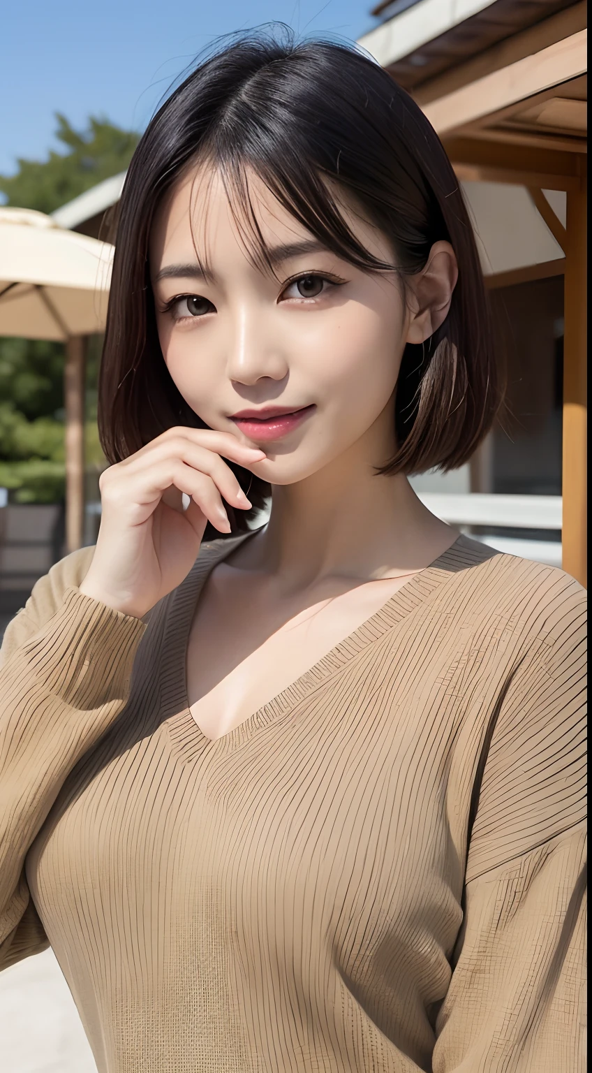 masutepiece, Best Quality, Photorealsitic, finely detail, hight resolution, 8K Wallpapers, Perfect dynamic composition, Beautiful detailed eyes, Medium Hair, large full breasts, Random and sexy poses,Bring your chest together、(Super tight khaki knitwear))、(Breast bulge 1.2)、A smile、open open mouth、Resort scenery、23years old、(Drooping eyes 1.4)、Adult beauty、japanes