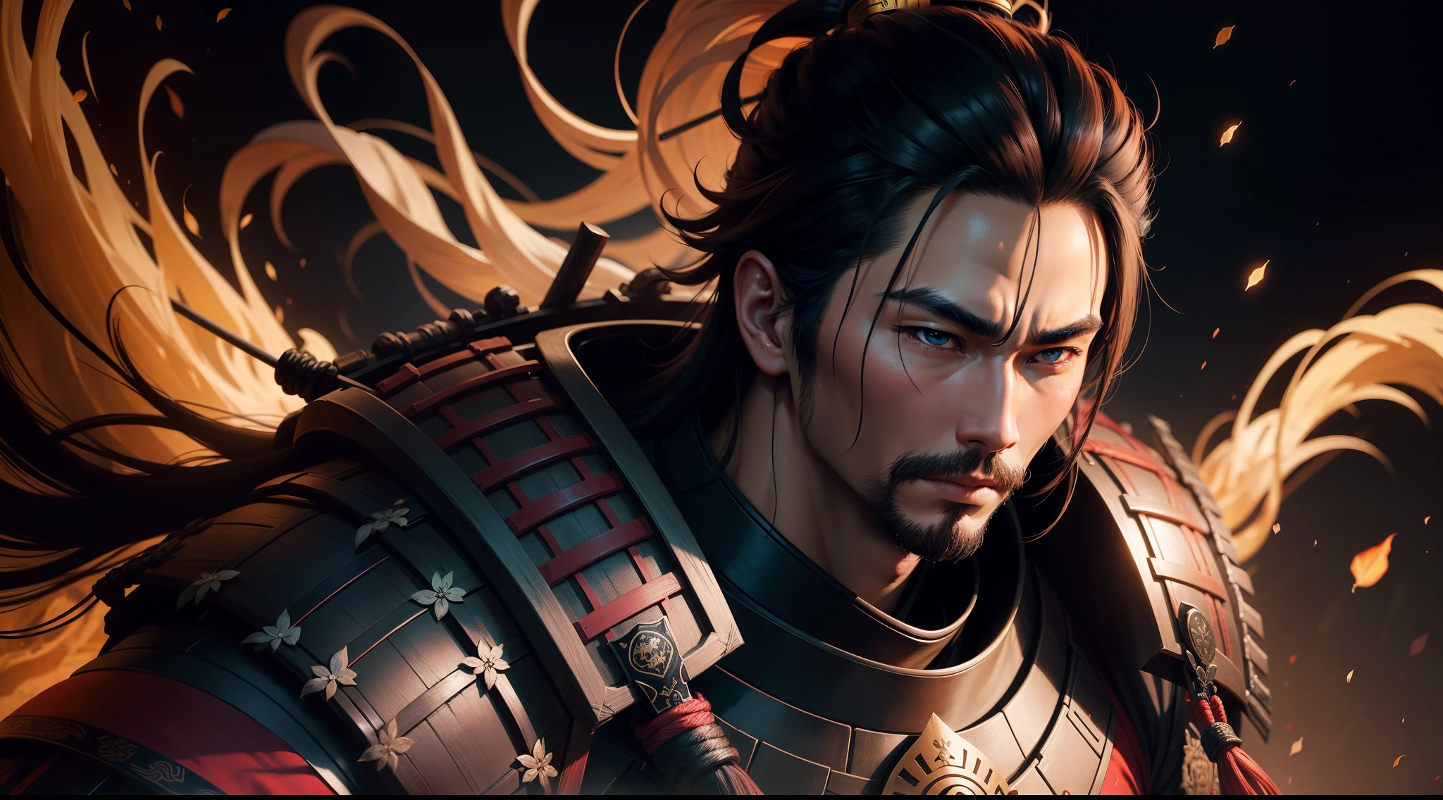 A ancient male samurai,
yang08k, photography, beautiful,  black background, colorful,
masterpieces, top quality, best quality, official art, beautiful and aesthetic,  realistic,