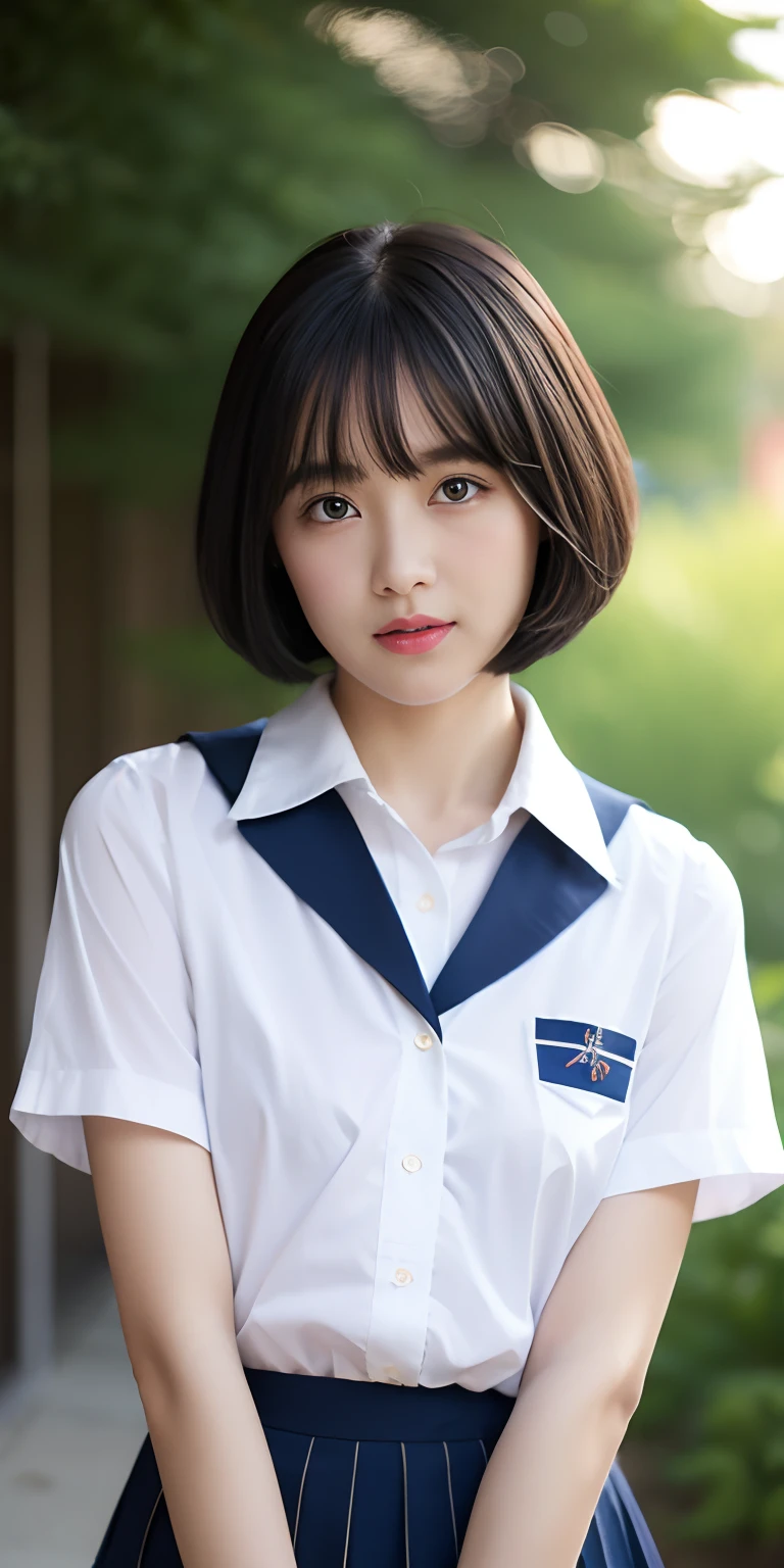 hi-school girl、(Schoolgirl Uniform、Loose and large shirt、Shoulders are visible、Nipple bumps、16yo girl、shirt wet、Sheer white shirt、Navy blue ribbon at the collar、School Uniform Blazer、Dark blue pleated micro mini)、(Slimed)、Photorealsitic、detaileds, Skin Texture, ultra-detailliert、Super Detailed Face、Detailed lips、A detailed eye、二重まぶた、Large breasts、Emphasis on the chest、Very embarrassed look、Lift the hem of the skirt yourself,、Show the camera your white panties、pantyshot、The figure that seems to be able to see the panties、I can see my panties、Panties visible through the gap between the thighs、Panties visible through the gap between the legs、Panties visible from the legs、Short-cut hairstyles、Chest chiller、Bra visible through the gap in the shirt、Bra seen through the shirt、Sexy Outfit、Chilarism、eroticism、Shameful appearance、Underwear visible from loose clothes、Underwear visible through the gaps in clothes