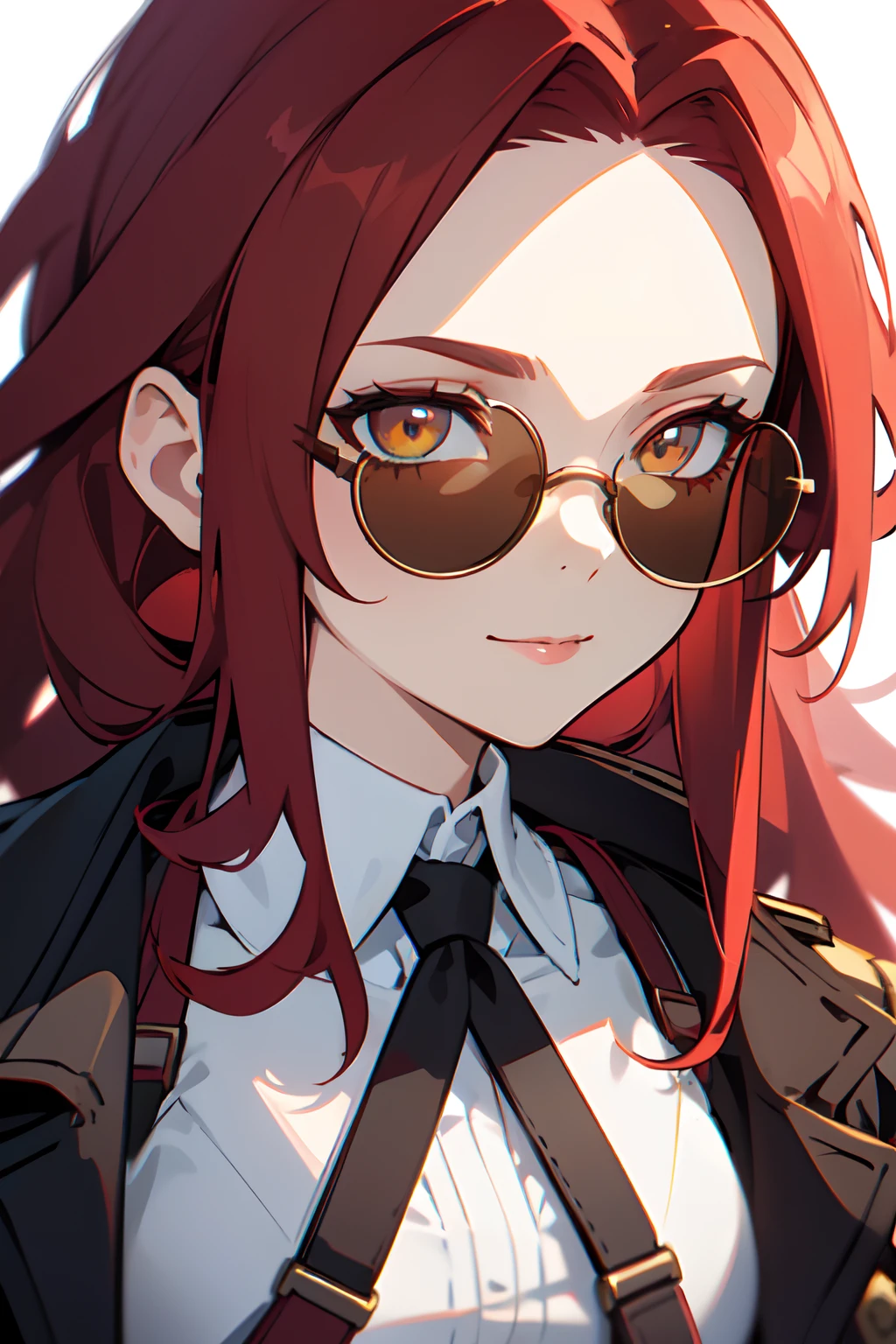 1girl, young woman, solo, long hair, big hair, (forehead:1.2), (round sunglasses on forehead:1.2), yellow eyes, (scarlet red hair), medium breasts, small smile, neutral, red lipstick, (overcoat, black coat, open coat:1.2), white shirt, collared shirt, (chest harness, shoulder strap:1.15), black leather shorts, garter belt, gloves, elegant, looking at viewer, standing, chromatic aberration, (close-up to face:1.3), face only masterpiece, best quality, 4k