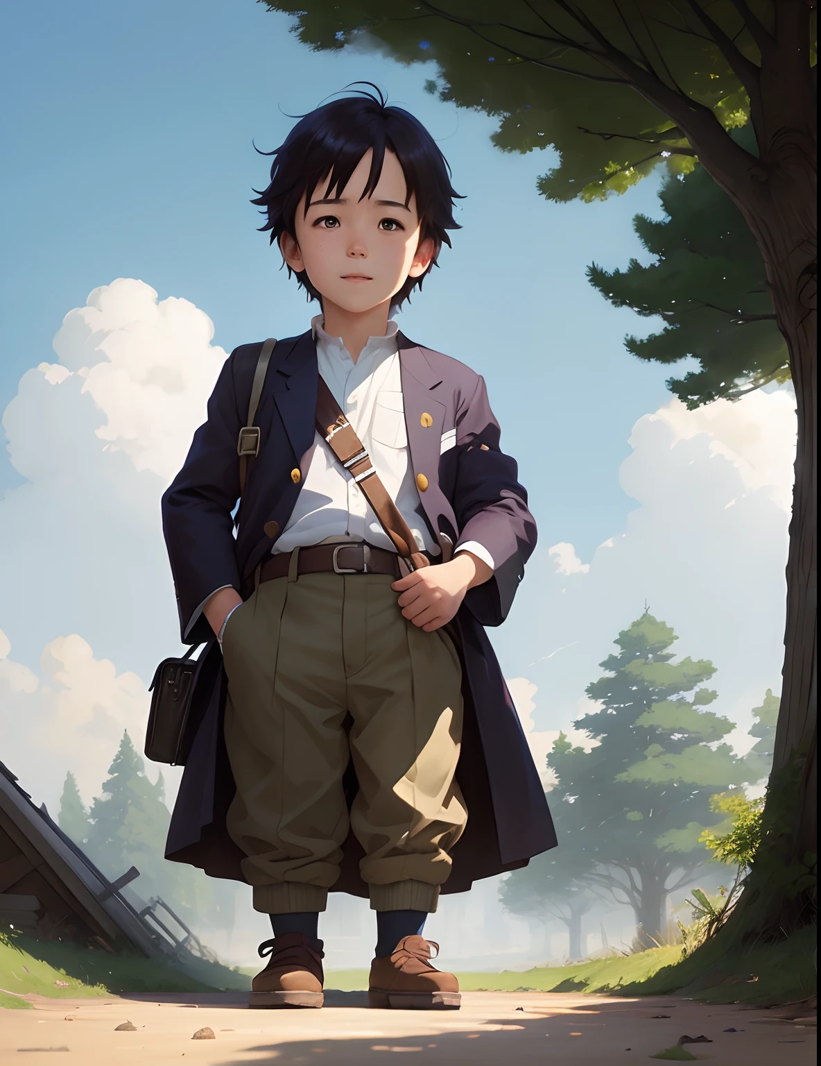 A happy playing with toys under a tree, simple art inspired by studio ghibli's visual style, Baroque oil painting anime key visual full body portrait character concept art, brutalist grimdark fantasy, kuudere noble dictator, trending pixiv fanbox, rule of thirds golden ratio, by greg rutkowski wlop makoto shinkai takashi takeuchi studio ghibli jamie wyeth