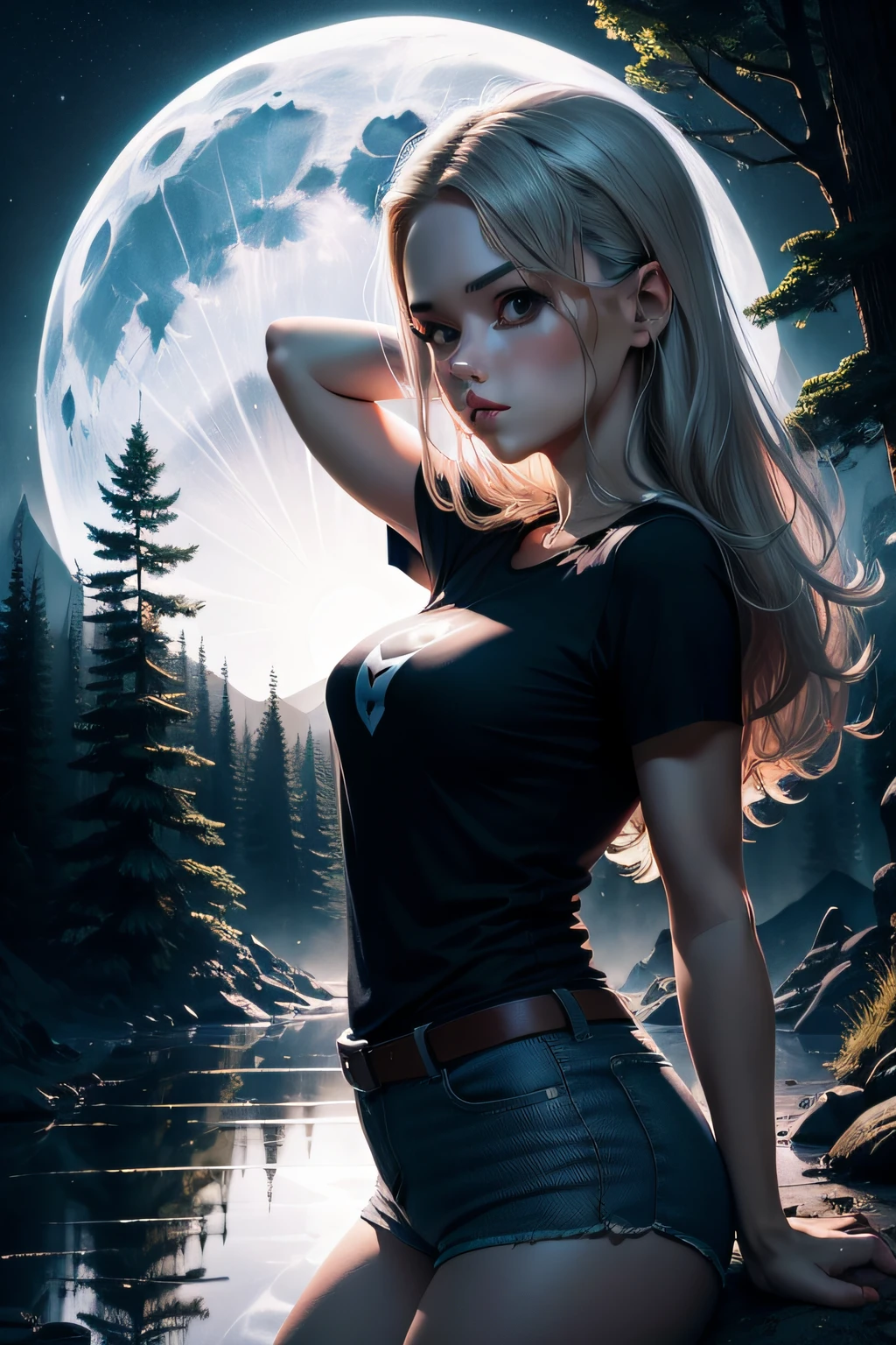 print ready vector t-shirt design, adventure scene with beautiful woman, with beautiful moonlight and forest in the background, clean white background, professional vector, full shot, 8K resolution, deep impression illustration