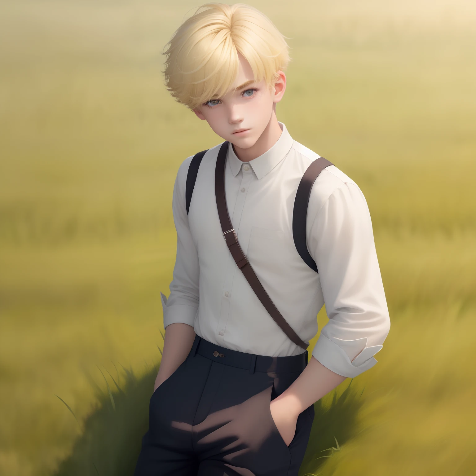 (1 boy),Bob Hair,Cut your bangs,cute face,a blond,Fantasia,Top image quality,masutepiece,Beautiful fece,grass field,Beautiful fece,Wearing pants