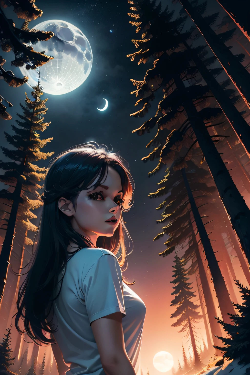 print ready vector t-shirt design, adventure scene with beautiful woman, with beautiful moonlight and forest in the background, clean white background, professional vector, full shot, 8K resolution, deep impression illustration