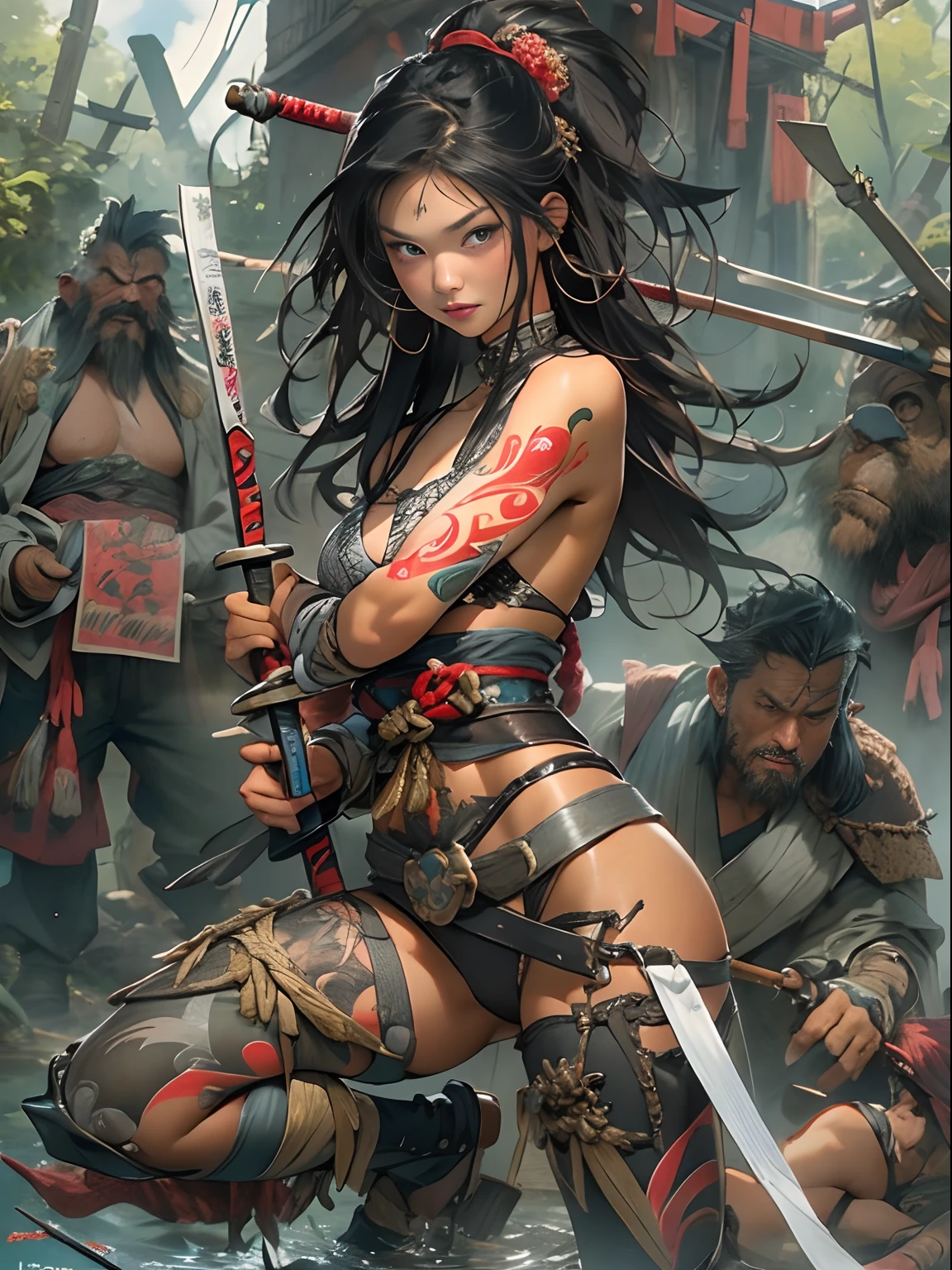 (((woman))), (((best qualityer))), (((tmasterpiece))), (((AS-Adult))), ((( Japanese ))), Look up from your knees, A beautiful asian samurai woman with perfect body, Modern samurai, ((( Asian))), Wear gloves on your hands，The left arm is made of steel and metal tips，Made of protective devices, The eyes are pulled, (( Appears below the breast )), (( Small dental floss )), Simon Bisley, Almost naked（Simon Bisley）Castle City Wilderness，For high-resolution posters, hair straight, Minimum clothing, armure (Crazy clothes ), Full of tips and rivets, tribal tattoos, (((full bodyesbian))), Straight brunette hair，Colored hair ends