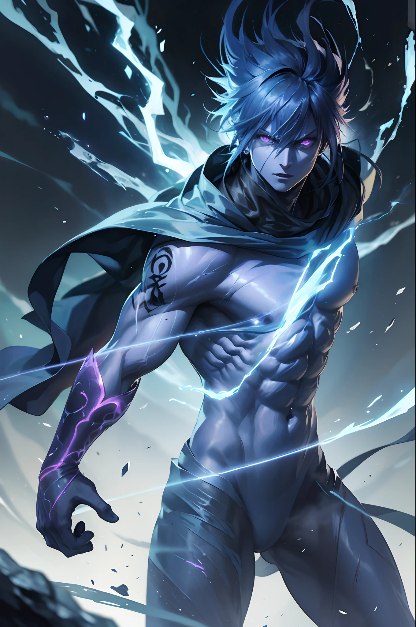 Epic anime style, extremely accurate rendering, purple lightning, evil aura, 20 year old male shadow assassin, brilliant black aura, shadow guardian, handsome face, dazzling and grave. Beautiful standard body and perfect body structure. full body shot of a man with a long sword-shaped lightning bolt in his hand, an epic anime about a purple energy man, in a fighting stance with a long purple-black ponytail and glowing eyes red light looks at the viewer. Gapmoe Yandere cool, menacing appearance, gintama's Hijikata Toushirou, inspired by Masanobu Okumura, the originator of the anime art style, Nobutaka Ike, the night war going on behind him. Highest image quality 8K, details of everything 8K.