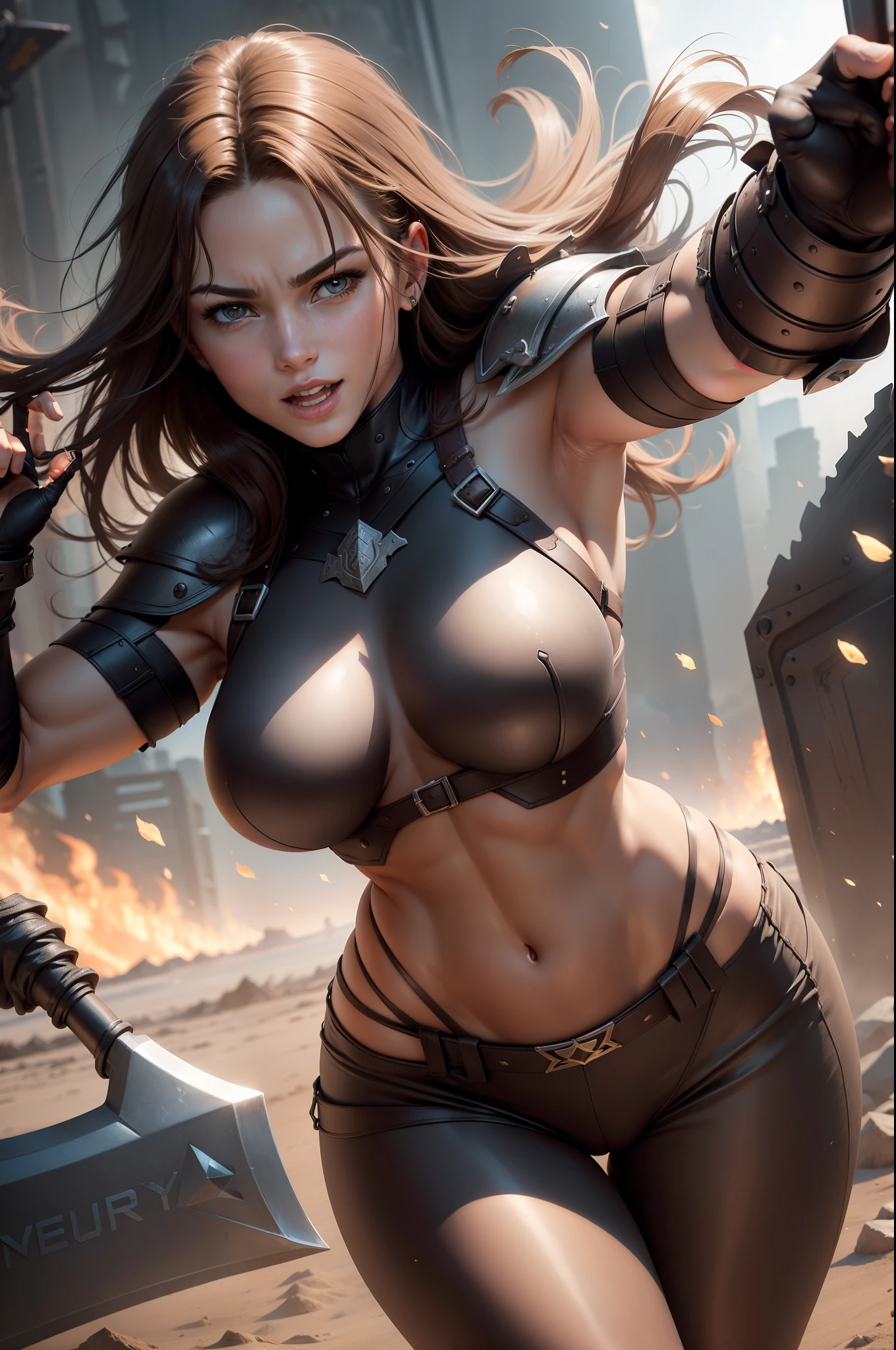Photorealistic, 8K,Alla Fed poses for photo of a woman in brown armor Women with fearless features(Face like the real thing) Open your mouth wide and smile cheerfully Muscular and macho busty woman Brown-haired berry shorthair Muscular macho brown and black pants and protectors Metal chest armor Split abs With a big ax 超A high resolution A hyper-realistic real looking skin enticing cool expression precise5Finger hand details Carry a large ax Desolate wasteland