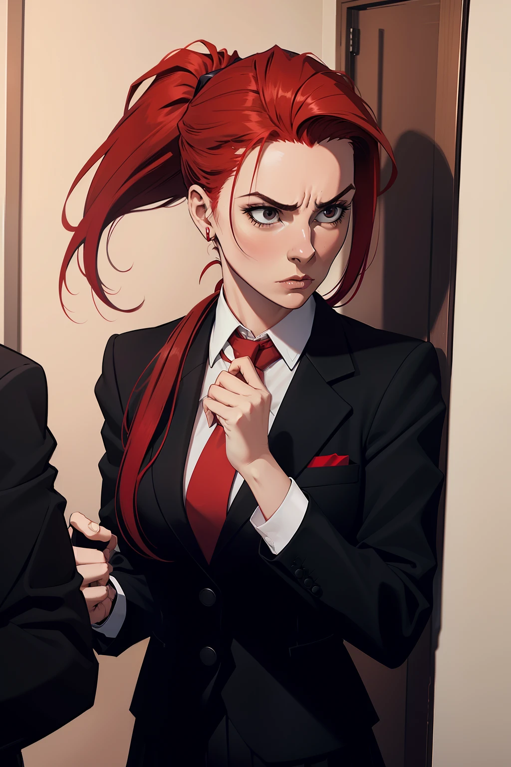 woman, red ponytail hair, wearing a black office suit, red tie,black office skirt, scared, fear, looking at cell-phone, dark, midnight