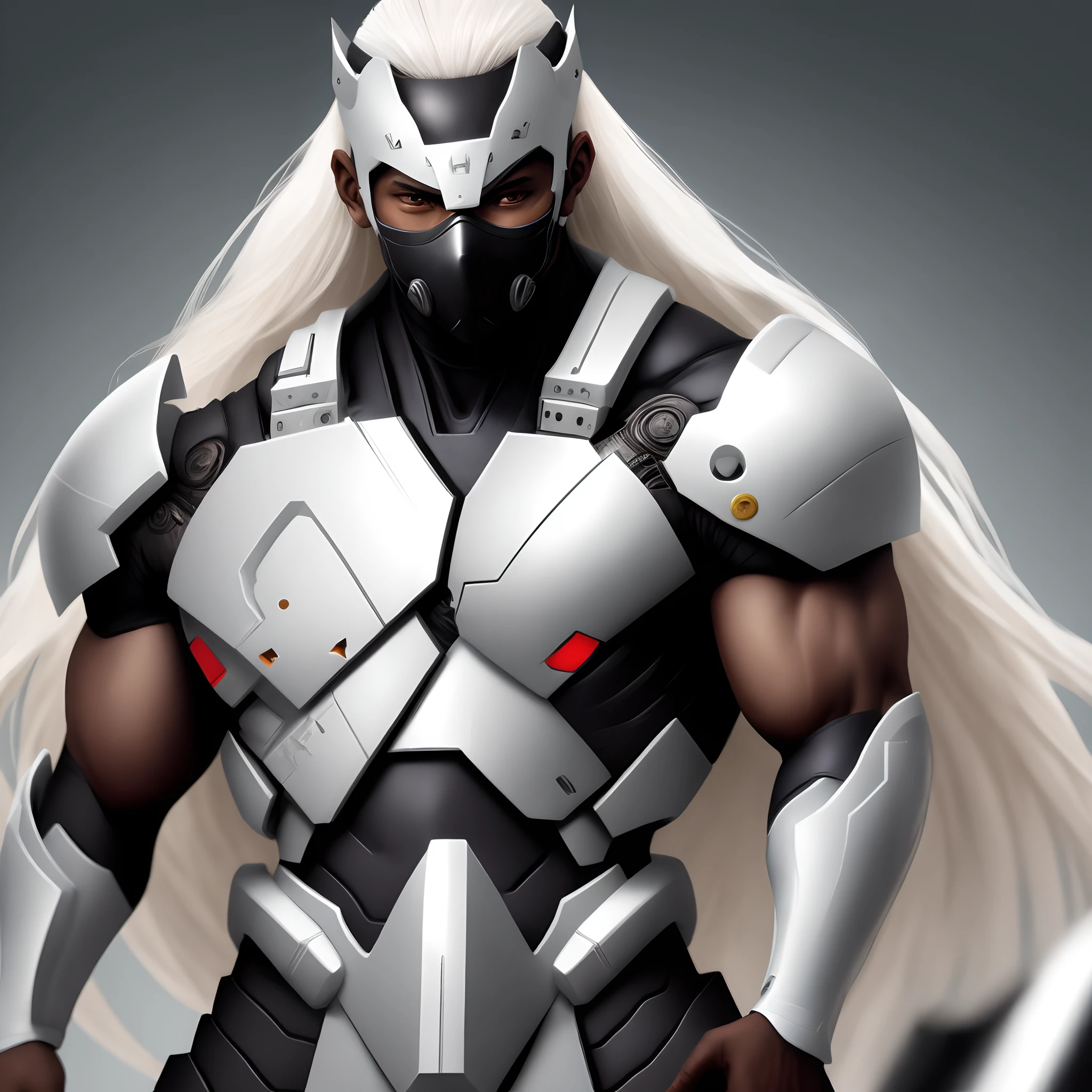 Dark skinned male, cyborg Ninja in white armor, white long hair, arms showing, face mask barcode on head, high quality, high res, masterpiece