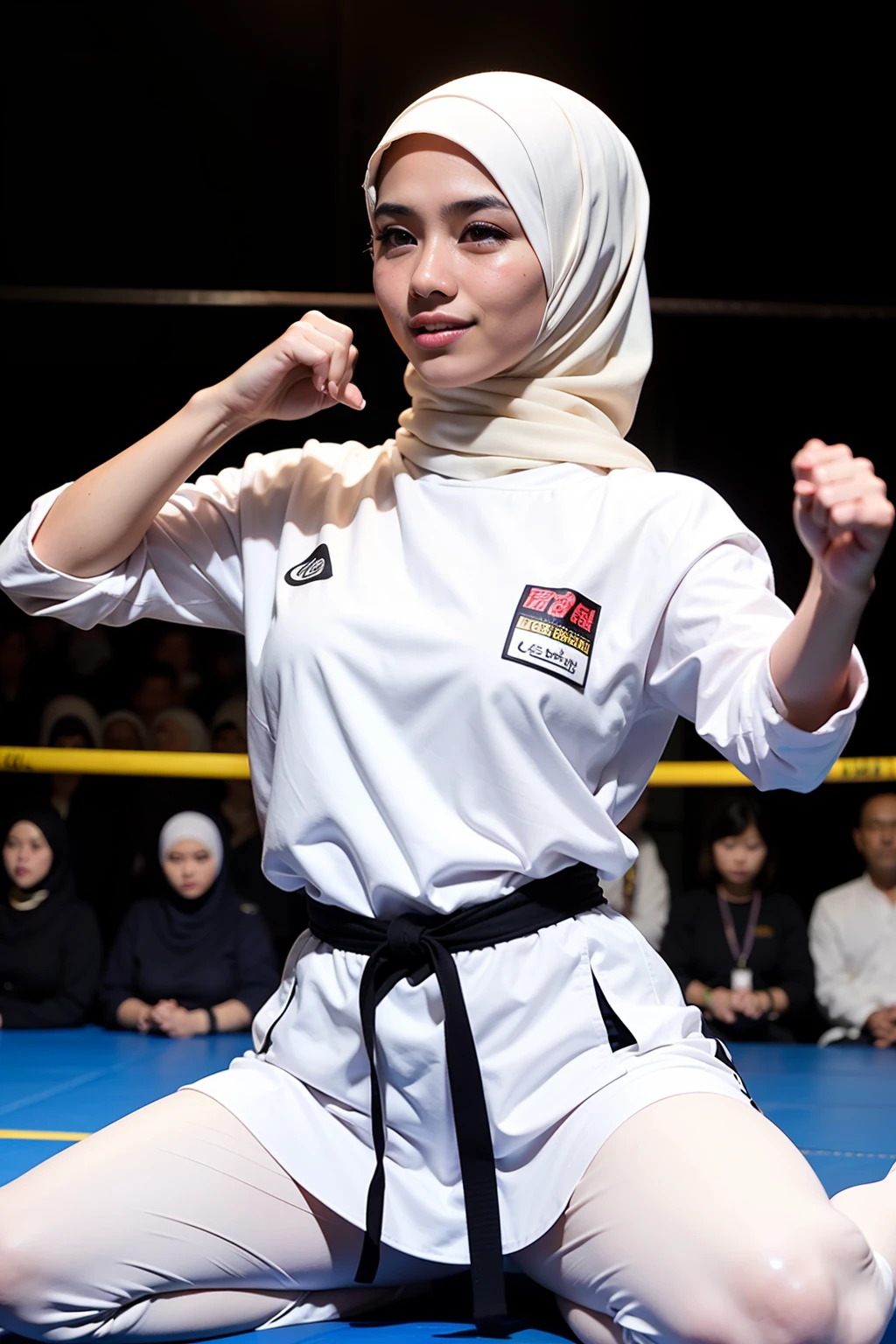 Create an image of a Malay girl in hijab practicing martial arts, showcasing her discipline and skill in a dynamic and empowering pose