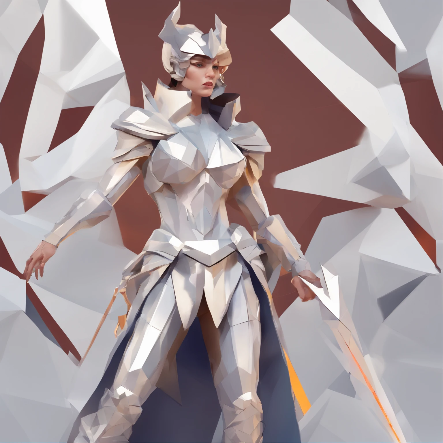 An armored paladin woman kneeling on one knee holding a flaming sword, abstract beauty, Centered, Looking at the camera, Facing the camera, nearing perfection, Dynamic, Highly detailed, smooth, Sharp focus, 8K, high definition resolution, illustration, Art by Ramil Sunga, Casper Konefal, Nick Thornborrow, and Matt Rhodes