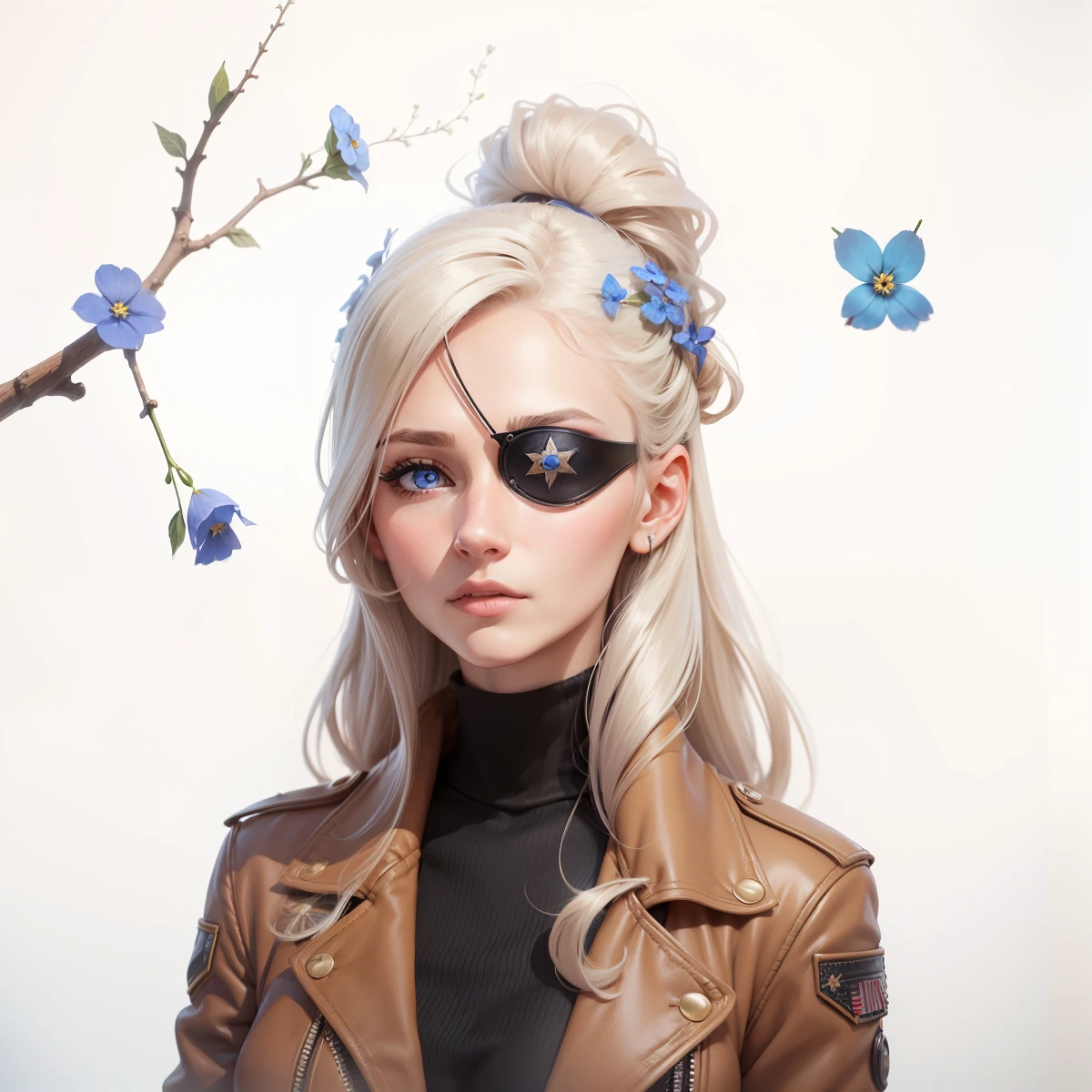Woman, Adult (26 years), European, Extremaly detailed, Pretty,Round chin, Delicate nose, brown aviator jacket, Black Shirt, Forget-me-nots in her hair, Blue eyes, long hair, eyepatch: 1.4, make up, Realistic, 4k, High-quality, High resolution