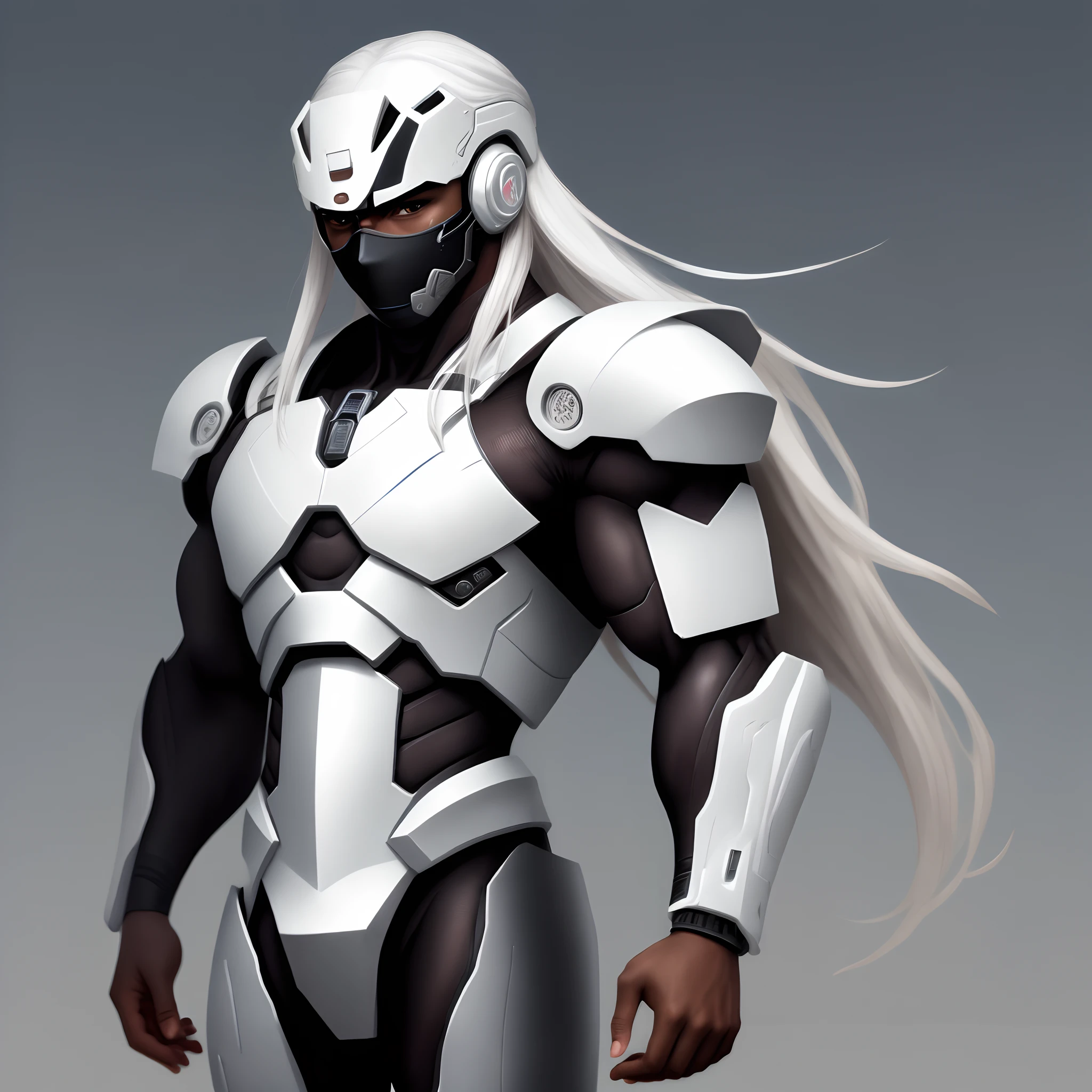 Dark skinned male, cyborg Ninja in white armor, white long hair, arms showing, face mask barcode on head, high quality, high res, masterpiece