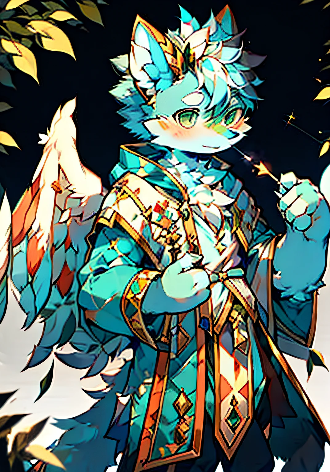 boy,furry,dragon,magic,nature,Blue fur,Yellow Corner,Feather wings,green eyes,Spell,White Cloak