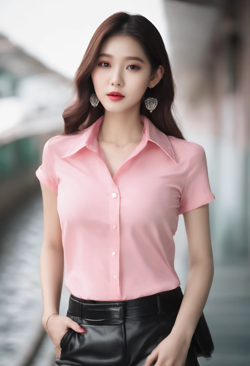 highest quality, masterpiece, 8k, ultra high resolution, (realistic: 1.4), 1 girl, beautiful face, symmetrical eyes, big, perfect body proportions, ((long hair))、((brown hair:1.5)), school teacher、((Pink collared shirt、The shirt is not buttoned、Tight Skirt:1.4)), ((the front of the shirt is open:1.5)), The viewer's gaze, ((Stand leaning against the wall、blurred background:1.5)), look at camera、friendly smile、seems kind、cowboy shot