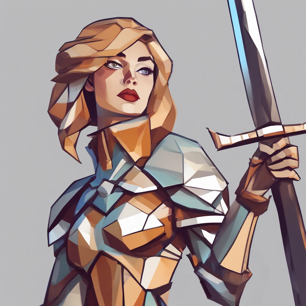 An armored paladin woman kneeling on one knee holding a flaming sword, abstract beauty, Centered, Looking at the camera, Facing the camera, nearing perfection, Dynamic, Highly detailed, smooth, Sharp focus, 8K, high definition resolution, illustration, adobe illustrator, Art by Ramil Sunga, Casper Konefal, Nick Thornborrow, and Matt Rhodes
