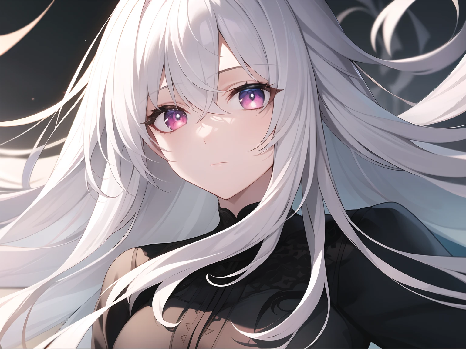((Masterpiece, Best quality))++, Detailed light+, Detail hair+, detail hand+ ,1girll, woman, Long hair, Crimson eyes, Beautiful eyes, Young gray hair,,(Beautiful white hair:1.5),(Beautiful detailed eyes), high resolution+, blacksilk , a black skirt, Glass tones, Reflective eyes, {{Angle}} , extremelydetailedwallpaper, Original, ,