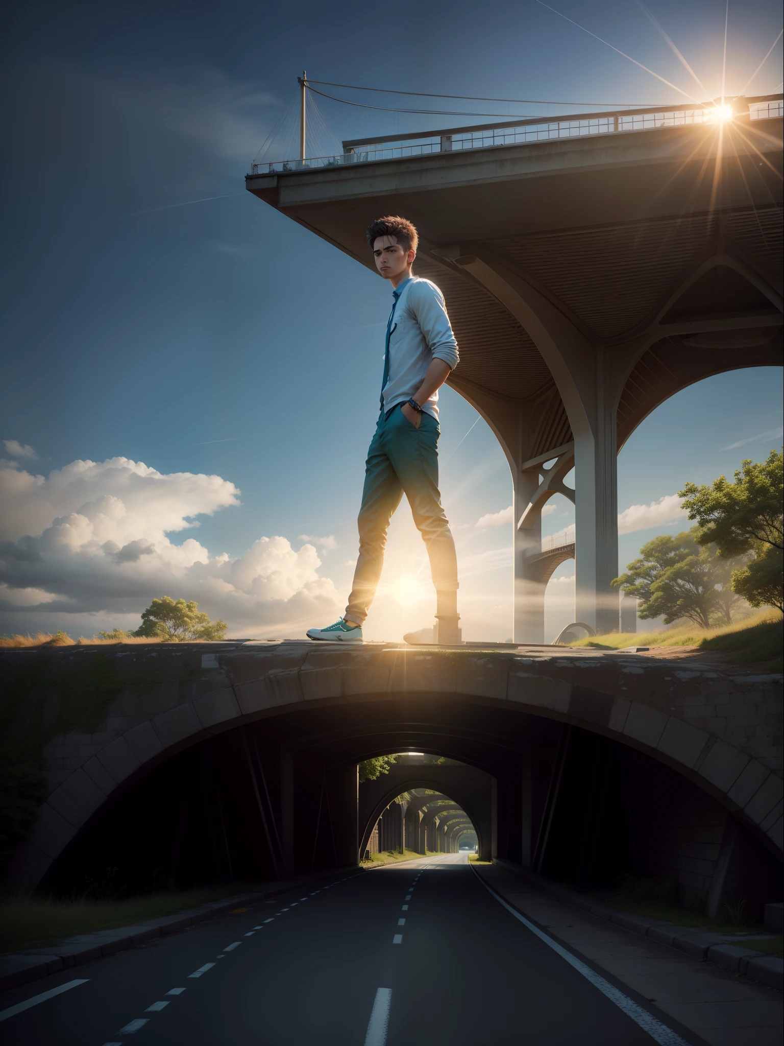 Change Background sky blue and white colouring, Sun light, bridge and road, green trees, handsome boy, realistic face,8k, ultra realistic.