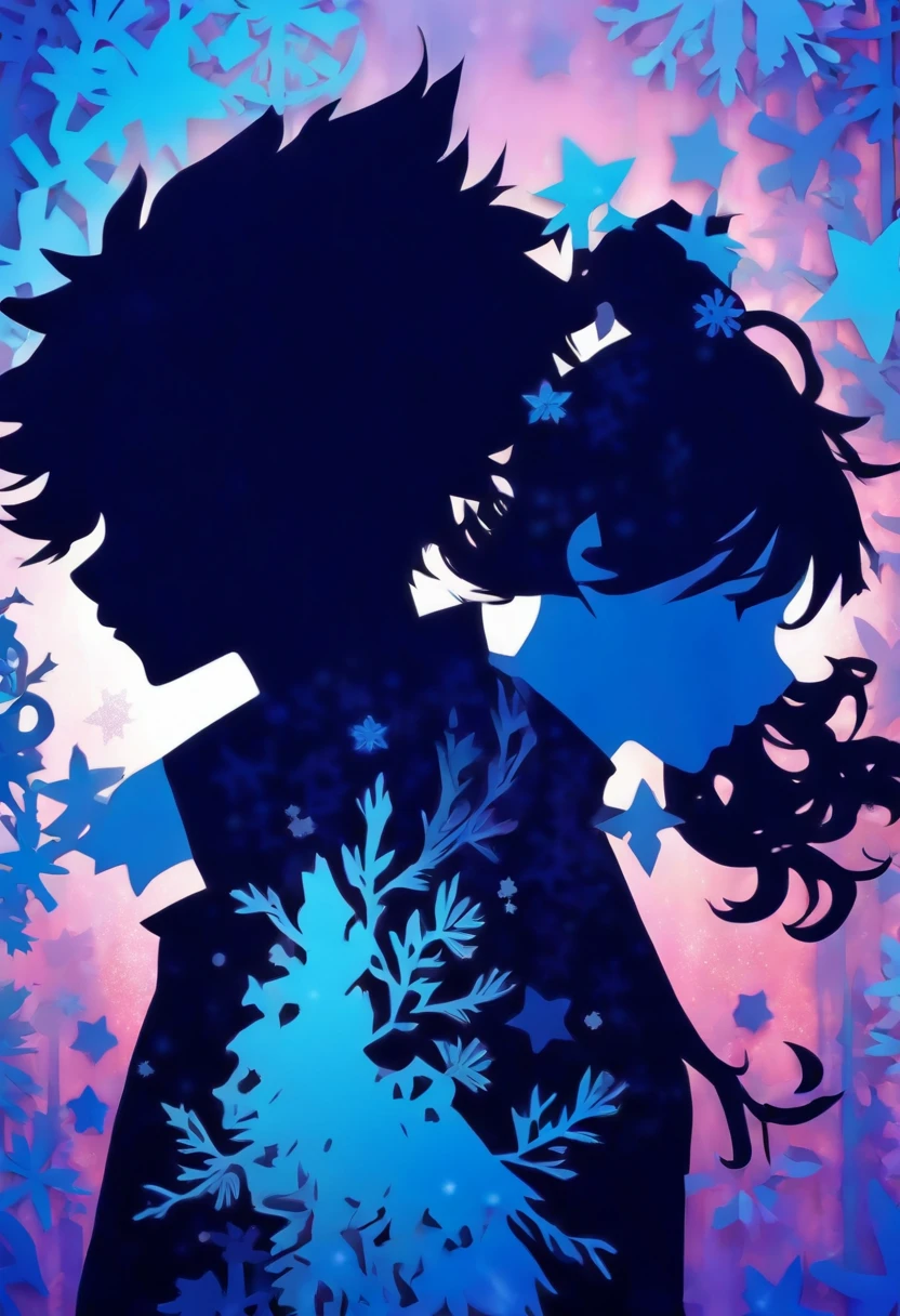 (Silhouette Art,cutouts:1.6) (((Paper cutting art,A world where only black exists:1.3) Background only、white, BREAK (Light blue snowflakes) Textured glass background,