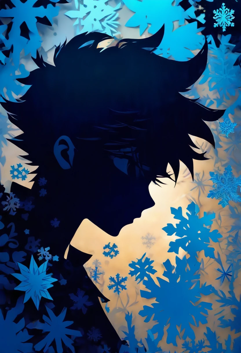 (Silhouette Art,cutouts:1.6) (((Paper cutting art,A world where only black exists:1.3) Background only、white, BREAK (Light blue snowflakes) Textured glass background,