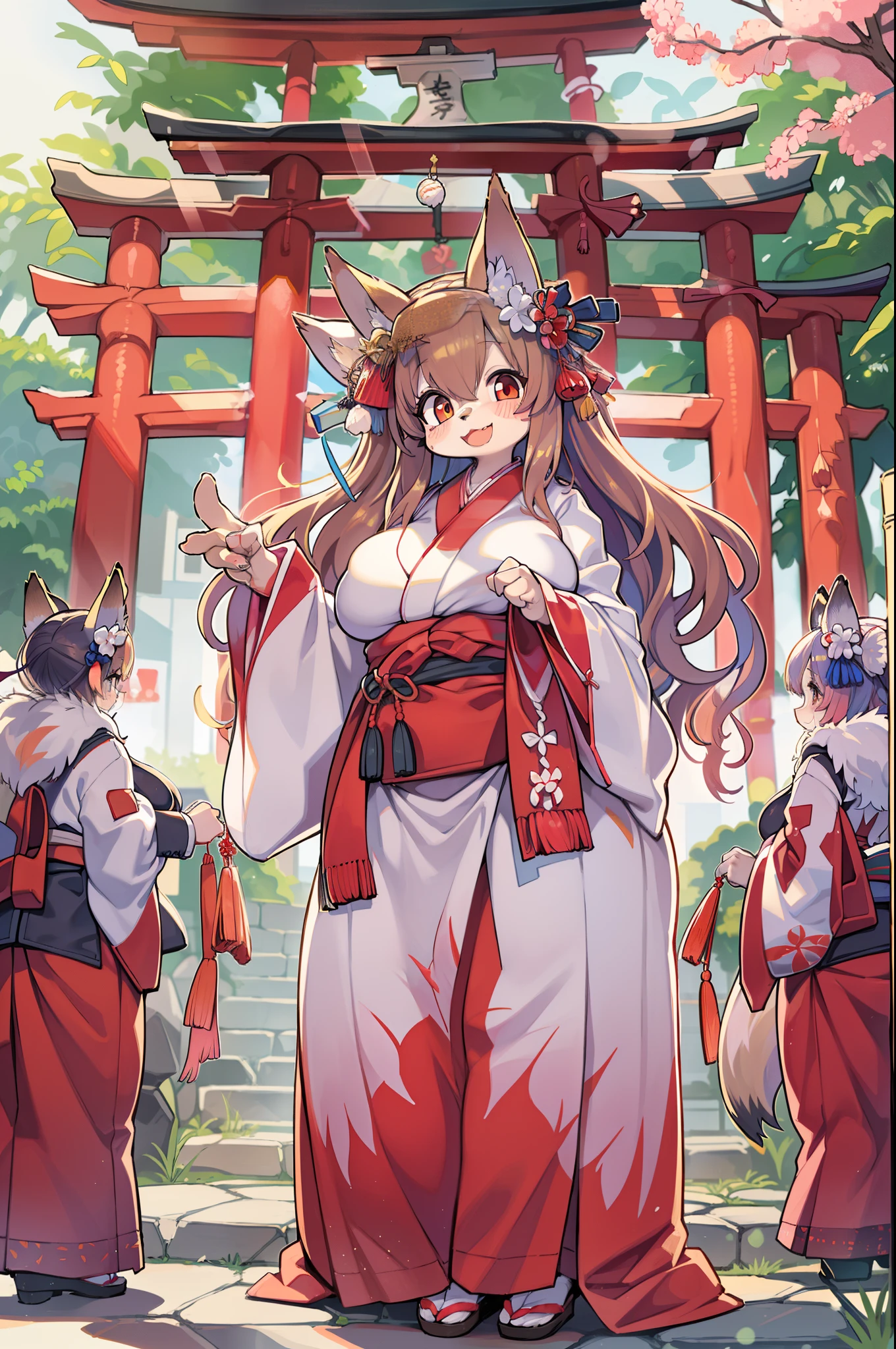 Fox Woman、body covered with fur、huge-breasted、kawaii、shrine maiden、Japan white clothes,Red Hakama、torii gate,summer day、From below、Wide Shot、Very Wide Shot、A big smile、bbw、thick thight、big butts、Ultramammy