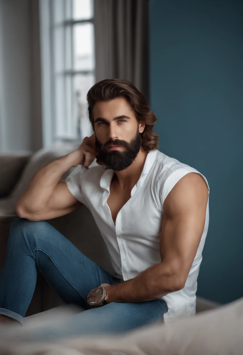 (Homem com roupa elegante), ), (usando barba longa e cheia,) (olhos azuis) (retrato) Attractive and serious look, Cabelos castanhos escuros, Elegante e elegante, e camiseta de corpo forte, (imagem realista e de alta qualidade), in the background Scandinavian apartment with design furniture and with blue wall color in the background, ((best quality, 8k, master part).