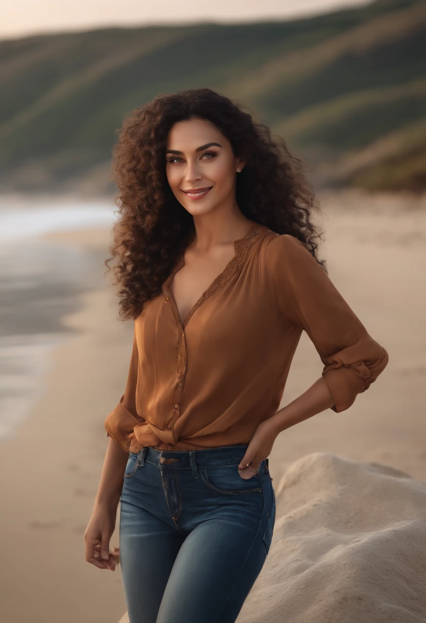 1 adult woman, long hair, curly hair, black hair, smooth skin, brown eyes, smiling, Occasional, sexy clothes, with background on the beach, super realistic 8k, super detailed and realist