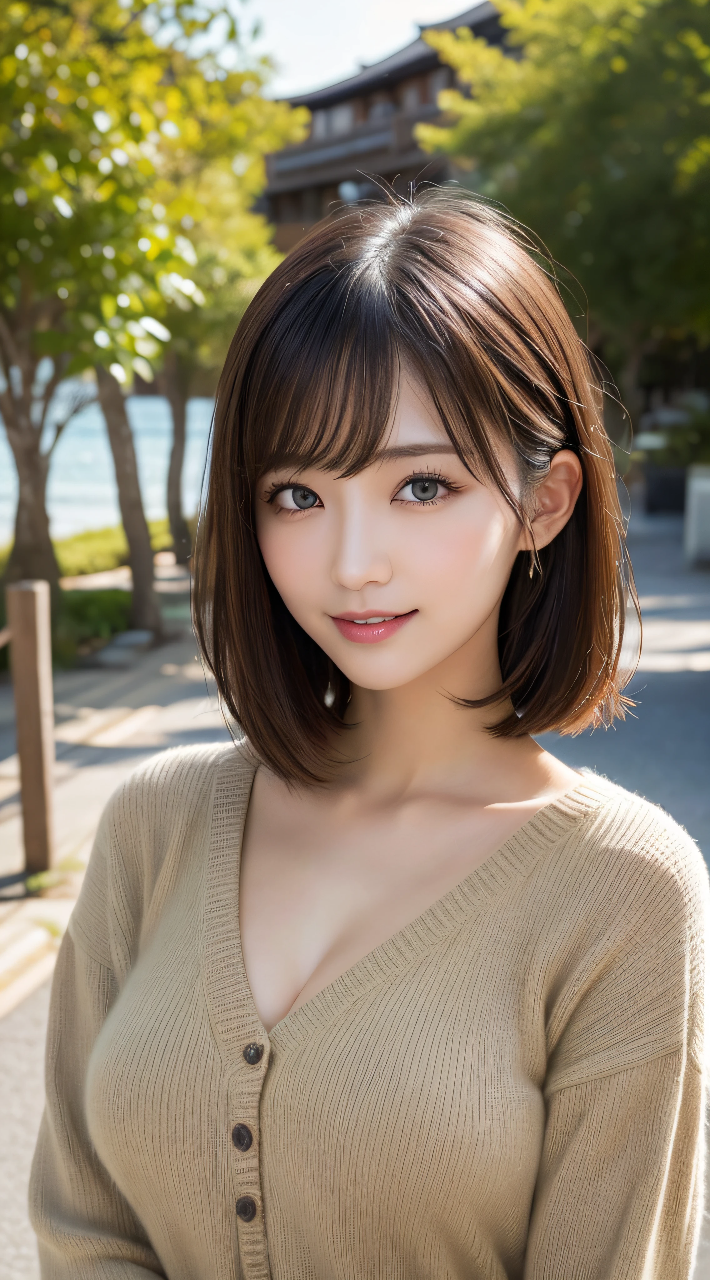 masutepiece, Best Quality, Photorealsitic, finely detail, hight resolution, 8K Wallpapers, Perfect dynamic composition, Beautiful detailed eyes, Medium Hair, large full breasts, Random and sexy poses,Bring your chest together、(Super tight khaki knitwear))、(Breast bulge 1.2)、A smile、open open mouth、Resort scenery、23years old、(Drooping eyes 1.4)、Adult beauty、japanes