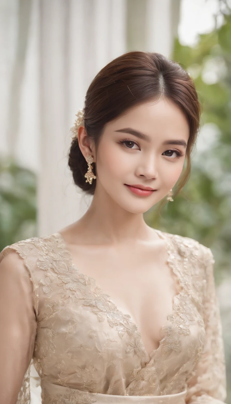 myth,argent,kebaya,Scroll,batik,sleeveless, treasure,universe, face the camera, smile, 19 year old girl, cute girl, beautiful girl, indonesian model, white healthy skin, delicate eyes, tied-up hair, ethnic earring, broze tiara,ethnic tiara, full body photo, (sexy body:1.2), (slim waist:1.2), beauty shot, product photo shot, (beauty serum product:1.2),tiny skin care serum bottle
