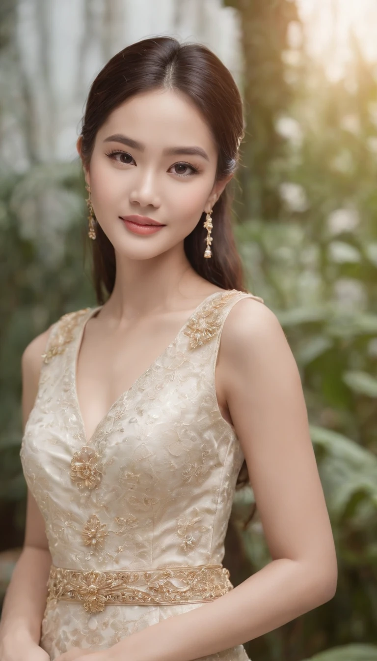 myth,argent,kebaya,Scroll,batik,sleeveless, treasure,universe, face the camera, smile, 19 year old girl, cute girl, beautiful girl, indonesian model, white healthy skin, delicate eyes, tied-up hair, ethnic earring, broze tiara,ethnic tiara, full body photo, (sexy body:1.2), (slim waist:1.2), beauty shot, product photo shot, (beauty serum product:1.2),tiny skin care serum bottle