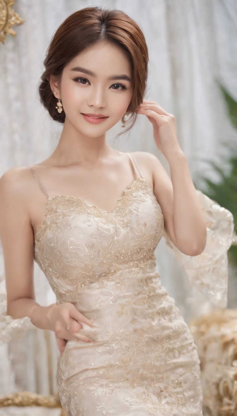 myth,argent,kebaya,Scroll,batik,sleeveless, treasure,universe, face the camera, smile, 19 year old girl, cute girl, beautiful girl, indonesian model, white healthy skin, delicate eyes, tied-up hair, ethnic earring, broze tiara,ethnic tiara, full body photo, (sexy body:1.2), (slim waist:1.2), beauty shot, product photo shot, (beauty serum product:1.2),tiny skin care serum bottle