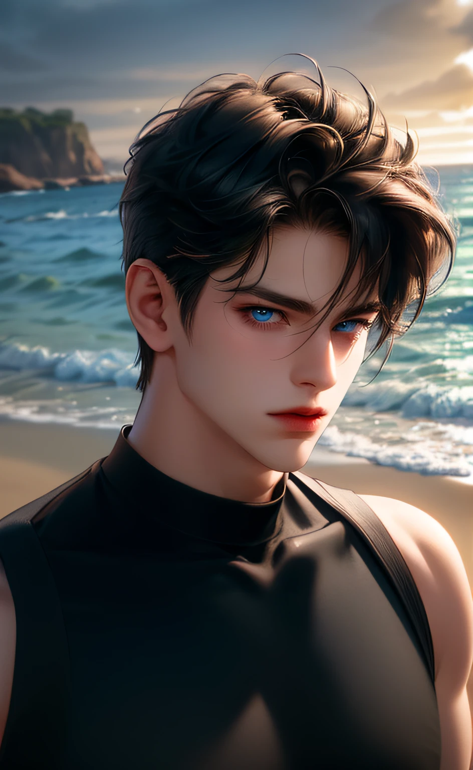 (masterpiece,best quality,ultra_detailed,highres,absurdres) (detailed shadow) (quality light),1 ((mature)) male, 30-ish, ((wide shoulder)), male focus, solo, undercut, short black Quiff hair with Soft Fringe (bangs part on side 3:7 ratio), blue eyes (detailed eyes), full body, short hair, looking at viewer, parted lips, round eyewear, black T-shirt, at the beach, (detailed background).