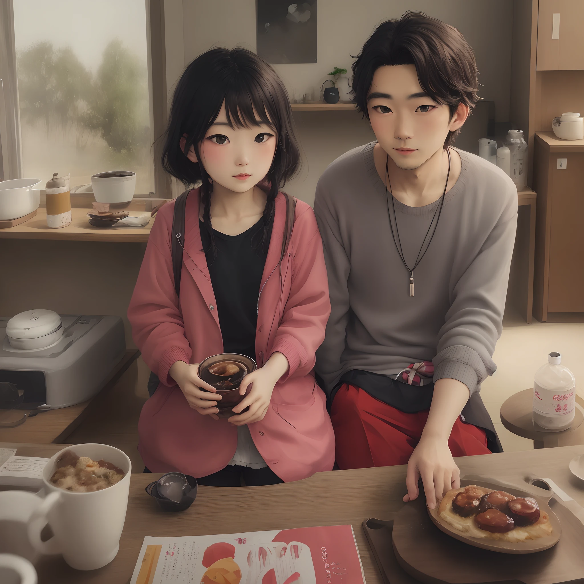 A man and a woman eat breakfast at home with delicate faces