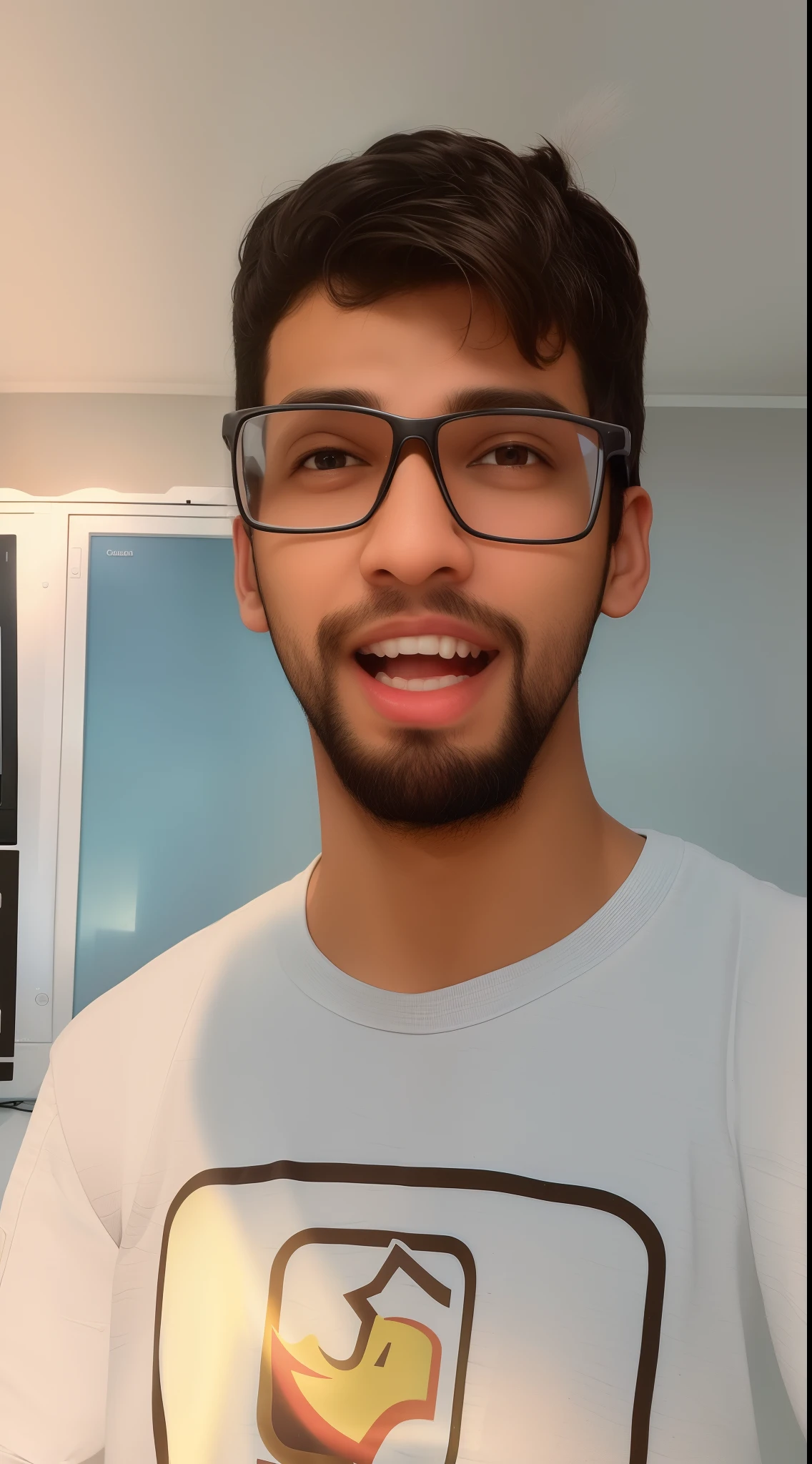 Smiling man with glasses standing in front of a computer monitor, Jayison Devadas, leve sorriso nerd, Mohamed Chahin, com rosto preciso, perfil frontal!!!!, imagem frontal, em torno de 1 9 anos, with nerdy glasses and goatee, bonito ligeiramente nerd sorriso, Riyahd Cassiem, tiro frontal, foto de perfil headshot, with a happy expression