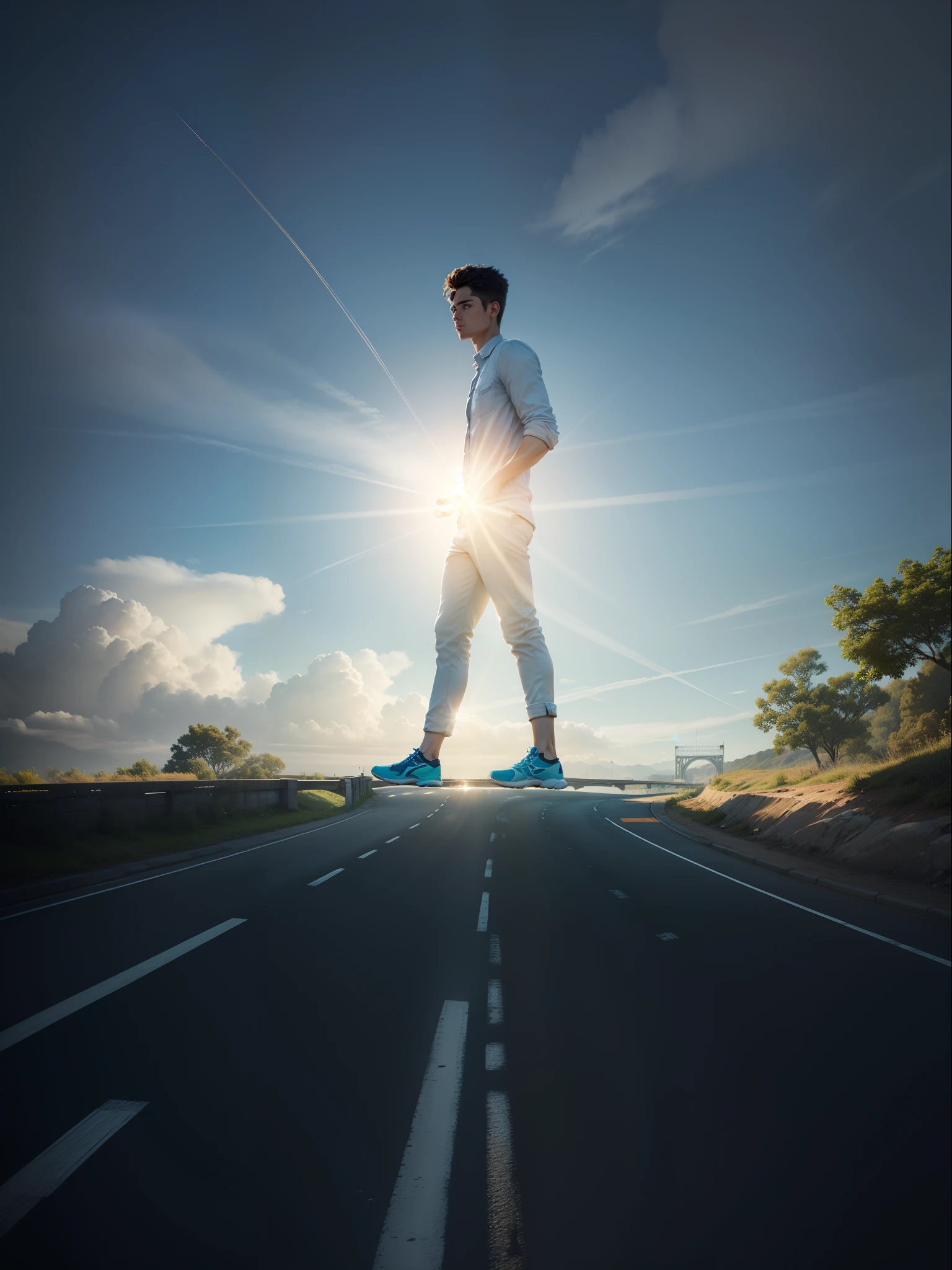 Change Background sky blue and white colouring, Sun light, bridge and road, green trees, handsome boy, realistic face,8k, ultra realistic.