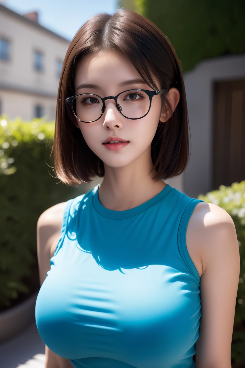 hight resolution, high lighting, in 8K, Glasses with thin rims, Long face, (1人の女性), Details of face, Brown-eyed, Topical Garden, Very short hair, Close-up Face, Colossal tits, looking at viewert, Blue T-shirt, Keep one's mouth shut