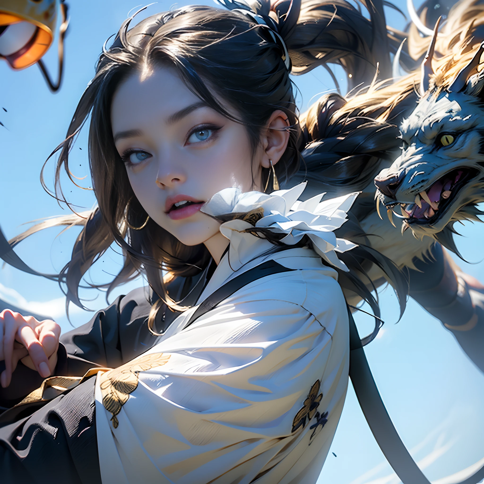 Luxury kimono(Black kimono(Detailed golden embroidery,Purple band))、odd eye、watching at viewers,Background: Blue sky of Kyoto(Walking along a dimly lit road on the riverbank.:1)、Ponytail, Shiny hair, Full body, Mismatched pupils, Hyper-Realism, Verism, Realism, depth of fields, Cinematic lighting, Wide Shot, F/16, nffsw, high details, High quality, Textured skin, 8K, Best Quality, hight resolution