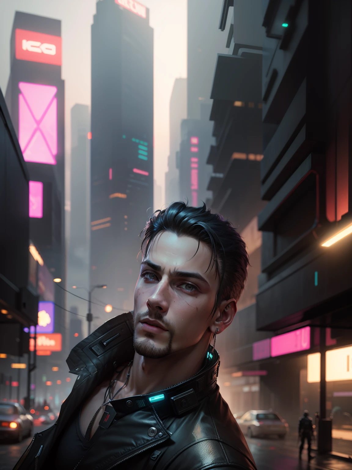 Cyberpunk, handsome boy, Leon background, ultra realistic, 8k