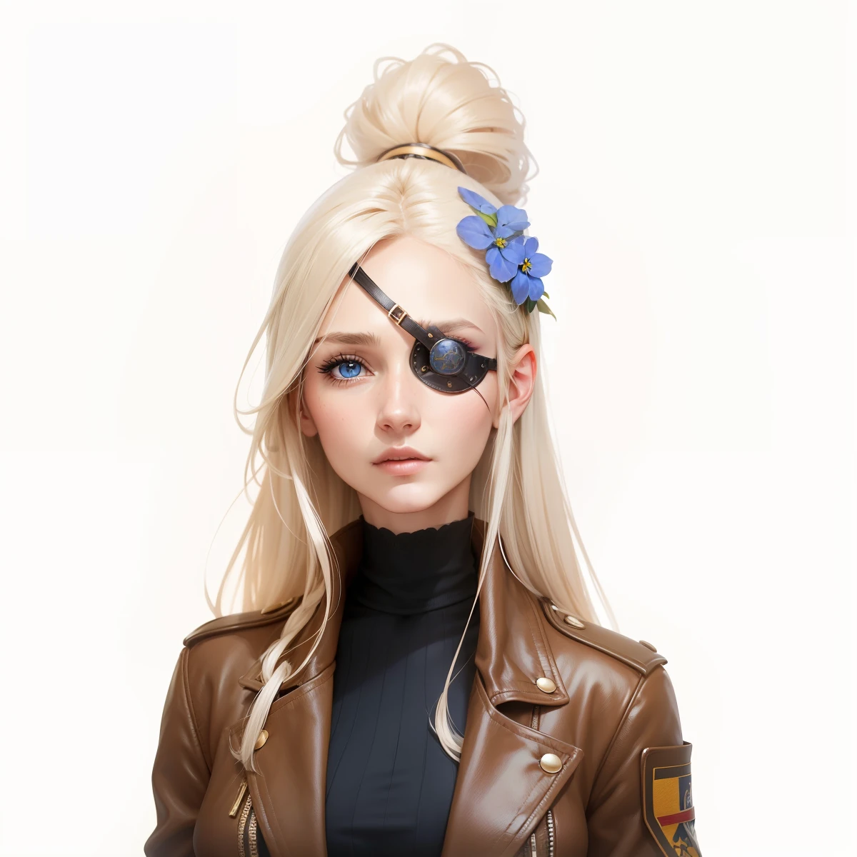 Woman, Adult (26 years), European, Extremaly detailed, Pretty,Round chin, Delicate nose, brown aviator jacket, Black Shirt, Forget-me-nots in her hair, Blue eyes, long hair, eyepatch: 1.4, make up, Realistic, 4k, High-quality, High resolution