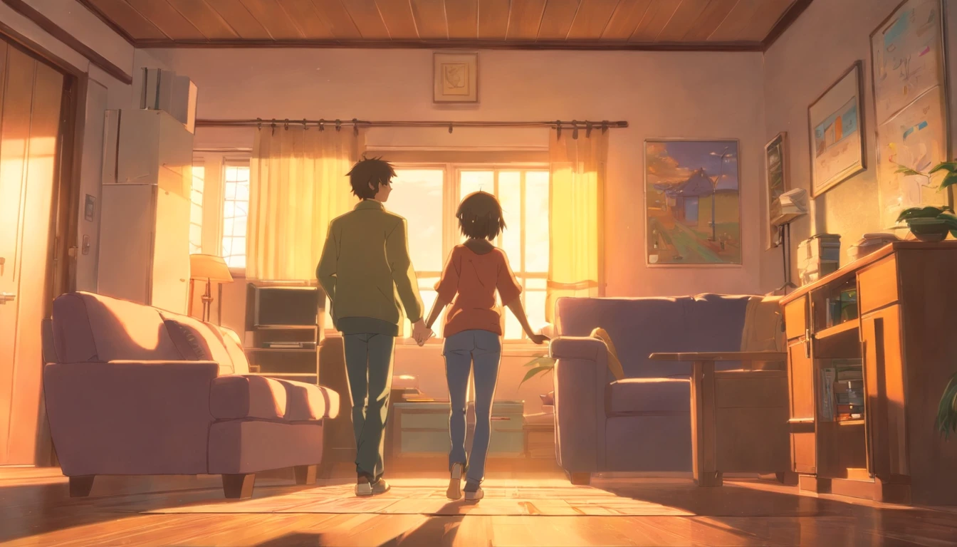 Anime - style illustration of man and woman holding hands in living room, an anime drawing inspired by Tomioka Tessai, pixiv contest winner, serial art, In anime style, in an anime style, High-quality fanart, cute couple, official fanart, in the art style of 8 0 s anime, Fiona Staples e Makoto Shinkai