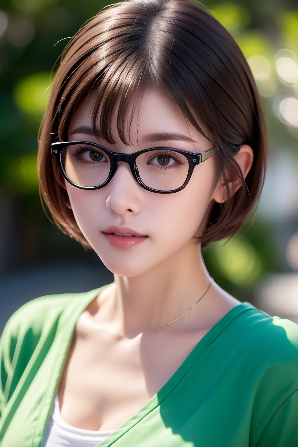 hight resolution, high lighting, in 8K, Small and round glasses, Long face, (1人の女性), Details of face, Brown-eyed, Topical Garden, Very short hair, Close-up Face, Medium, ((looking at viewert)), light green t-shirt, Keep one's mouth shut